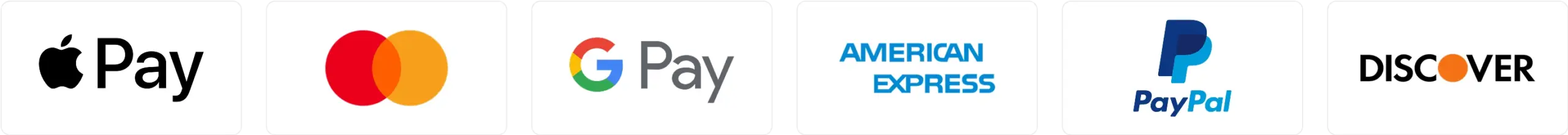 Payment Methods Apple pay, mastercard, google pay, american express, amex, paypal, discover