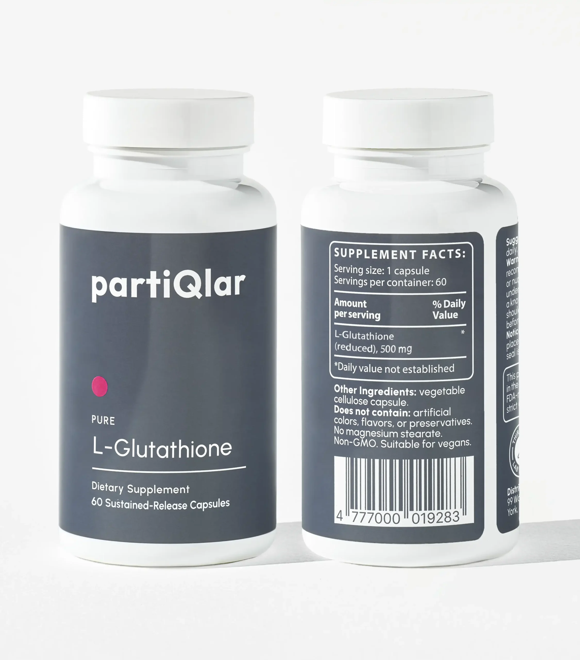 partiqlar l-glutathione supplement bottle displaying supplement facts