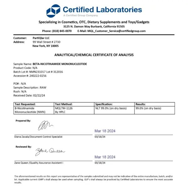 Third-party results for nmn - Certificate of Analysis