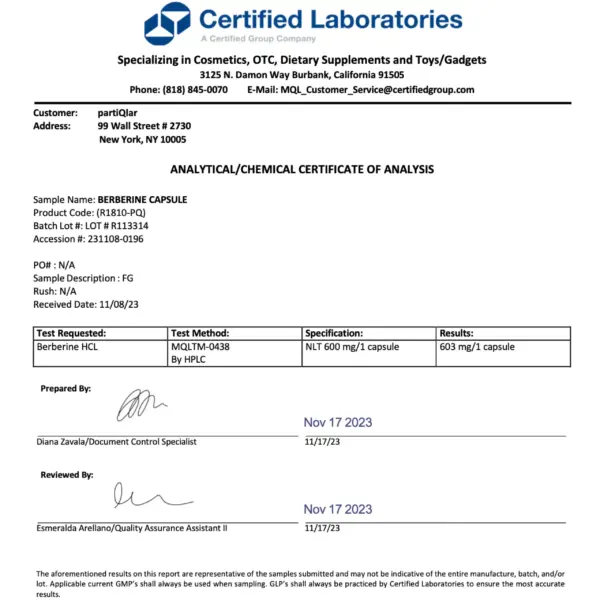 Third-party results for Berberine - Certificate of Analysis