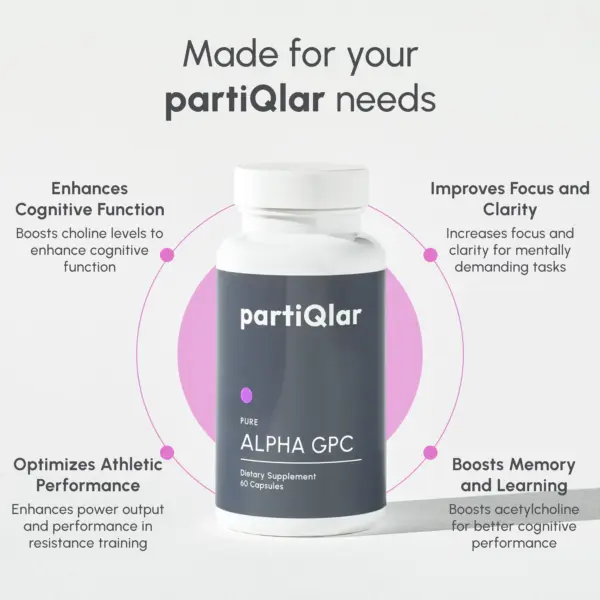 partiQlar AlphaGPC supplement bottle with benefits