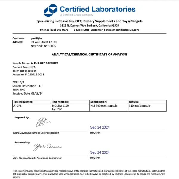certificate of analysis Alpha gpc third party tested
