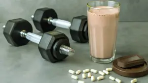 A dumbbell, smoothie glass, and supplements neatly arranged, suggesting a health-focused setting